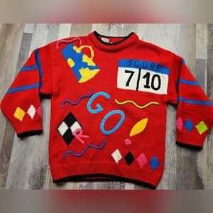 Fast Turn Vintage Sweater Small 7-8 Red Cheerleaser theme Argyle